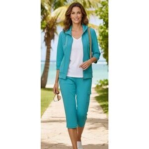 Weekends by Chico's Sz 1 2pc Set Turquoise Blue Jacket & Crop Capri Pants M 8/10